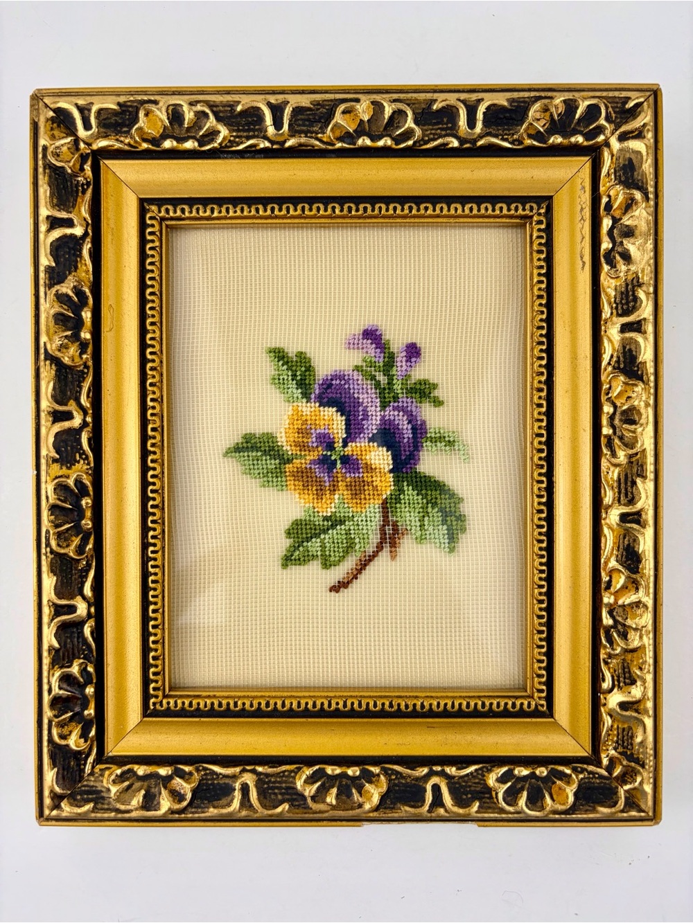 Vintage Framed Floral Petit Point Needlepoint Wall Pansies Ornate 6.5 x 5.5 inch